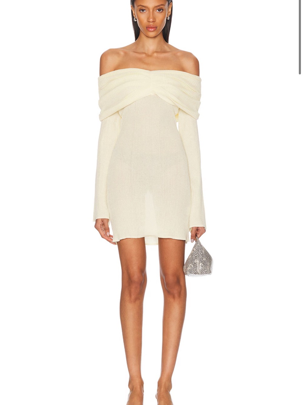 SER.O.YA Ivory Off-Shoulder Twist Knit Mini Dress